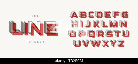 Moderne geometrische Schrift. Kontur Alphabet der Leitungen mit Blend Effekt und Red Spot/Schatten. Bold tagline Buchstaben. Stock Vektor