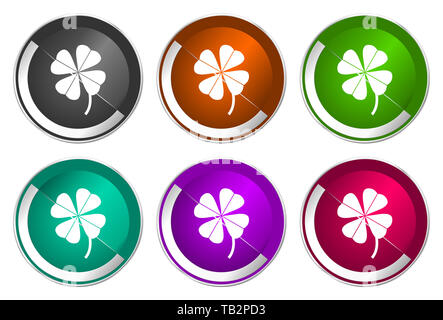 Vierblättrigen Kleeblatt Icon Set, silber-metallic Web Buttons Stockfoto