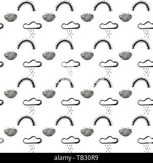 Doodle wolken Muster. Hand nahtlose Hintergrund mit Wolken und Sterne in Grau und Teal gezeichnet. Im skandinavischen Stil Stockfoto