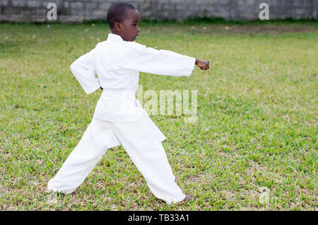 Profil eines kleinen Jungen in einem Kimono üben Karate alleine im Park Stockfoto