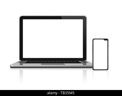 Laptop und Smartphone einrichten Mockup auf weißem Hintergrund mit schwarzen Bildschirmen isoliert. 3D-Rendering Stockfoto