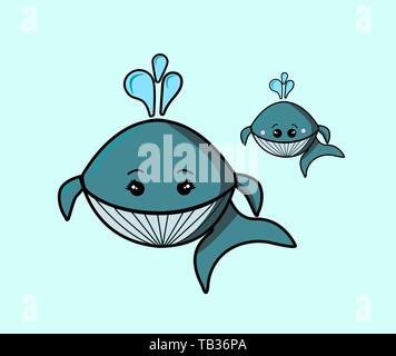 Niedliche Comicfiguren Meerestiere. Mutter Wal- und kleine Wale. Graue Streifen. Mit einem Brunnen Wasser. Vector Illustration in kawaii Stil. Für Stock Vektor