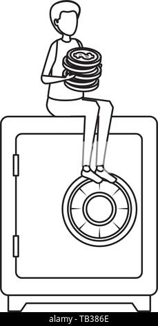 Junger Mann mit Münzen in Safe sitzt Stock Vektor