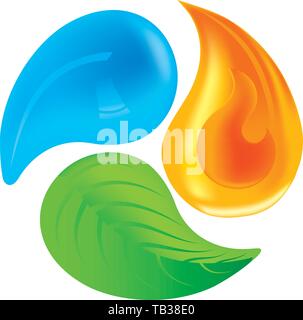 Vector Illustration. Elementsymbole. Feuer Flamme, Blätter und Wasser Stock Vektor
