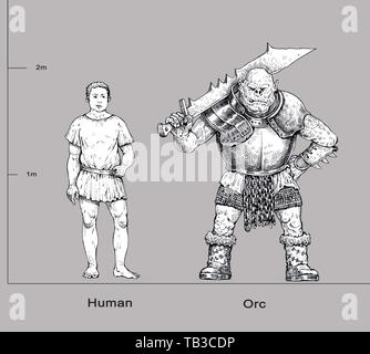 Monster Abbildung. Orc und der menschlichen Anatomie Vergleich. Fantasy Zeichnung. Stockfoto