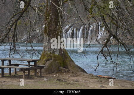 Holzbank unter Baum mit Wasserfall Hintergrund, Nationalpark Plitvicer Seen Stockfoto