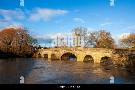 Ein spätnachmittäglicher Blick auf Pershore Old Bridge mit dem Fluss Avon in Flood, Worcestershire, England Stockfoto