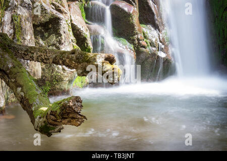 Nahaufnahme eines malerischen, schönen Berg Wasserfall die Kaskadierung der Rot, nass, felsigen Klippen und alten Ästen bedeckt von Moos Stockfoto