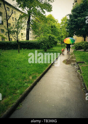 Eine Frau mit einem bunten Regenschirm Wanderungen eine erdler Hund in einem Regenmantel. Es regnet im Frühjahr in einem Park von Gebäuden umgeben Stockfoto
