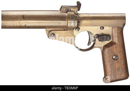 Eine doppelläufige Signal flare Pistole Mod. A.W.W. der Kaiserlichen Marine, Cal. 4, Nr. 37. Übereinstimmende Nummern. Drop barrel mit Snapper lock, Länge 115 mm. Gesamtlänge 220 mm. Gewicht 860 g. Interne Hammer. Sicherheit. Signal Pin. Bau zurückzuführen auf Artilleriewerkstätten Wilhelmshaven (A.W.W.). Auf Knauf marine Akzeptanzzeichen Krone/M. Keine weiteren Stempel oder Beschriftung. Messing Griffrahmen und Zylinder. Gerippte Trigger sowie öffnungshebel, breechblock, Sicherheit, mechanische Teile und Schrauben aus Edelstahl. Passend nummerierten, glatte Nussbaum grip Panels., Additional-Rights - Clearance-Info - Not-Available Stockfoto