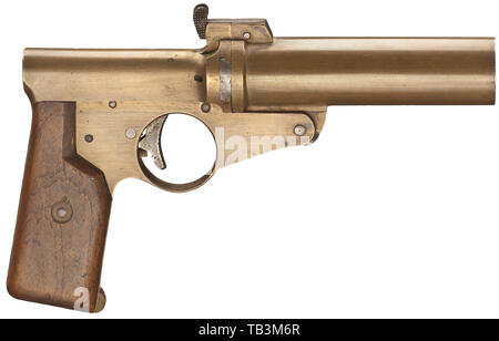 Eine doppelläufige Signal flare Pistole Mod. A.W.W. der Kaiserlichen Marine, Cal. 4, Nr. 37. Übereinstimmende Nummern. Drop barrel mit Snapper lock, Länge 115 mm. Gesamtlänge 220 mm. Gewicht 860 g. Interne Hammer. Sicherheit. Signal Pin. Bau zurückzuführen auf Artilleriewerkstätten Wilhelmshaven (A.W.W.). Auf Knauf marine Akzeptanzzeichen Krone/M. Keine weiteren Stempel oder Beschriftung. Messing Griffrahmen und Zylinder. Gerippte Trigger sowie öffnungshebel, breechblock, Sicherheit, mechanische Teile und Schrauben aus Edelstahl. Passend nummerierten, glatte Nussbaum grip Panels., Additional-Rights - Clearance-Info - Not-Available Stockfoto