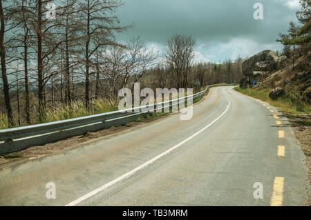 Gepflasterte Straße, die durch einen verbrannten Waldes über einen felsigen Landschaft der Serra da Estrela. Das höchste Gebirge auf dem portugiesischen Festland. Stockfoto