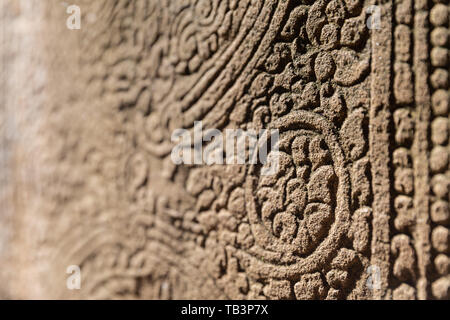 Detail des alten Schnitzereien an den Bayon Tempel, Angkor Thom, UNESCO-Weltkulturerbe, Provinz Siem Reap, Kambodscha, Indochina, Südostasien, Asien Stockfoto