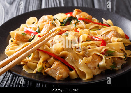 Pad Kee Mao ist ein traditionelles thailändisches Gericht mit Huhn, Reis, Nudeln und viel frisches Basilikum in einer würzigen, süß und würzig Reich sauce Close-up auf einem Stockfoto