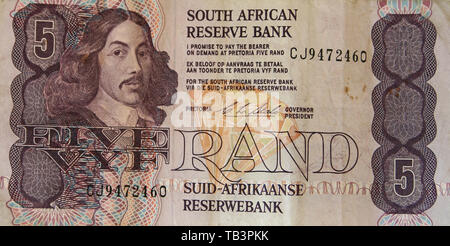 Währung, Süden, Afrika, Alt, Banknote, fünf Rand Stockfoto