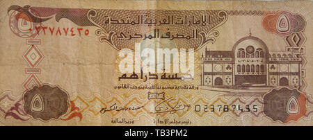 Währung, Dubai, Vereinigte Arabische Emirate, fünf Dirham, Banknote Stockfoto