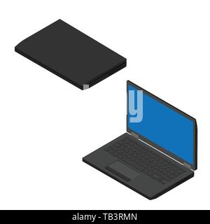 Geöffnet und Laptops Sammlung isometrische Ansicht auf weißem Hintergrund geschlossen Stock Vektor