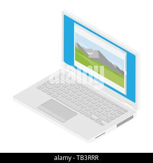 Laptop mit Berg Landschaft Foto auf dem Desktop isometrische Ansicht auf weißem Hintergrund. Hohe Qualität Foto Stock Vektor