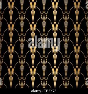 Art déco-Muster. Nahtlose schwarz und gold Hintergrund. Waagen oder Muscheln Ornament. Minimalistischer geometrischen Design. Vektor Linien. 1920-30 s Motiven. Luxus Stock Vektor