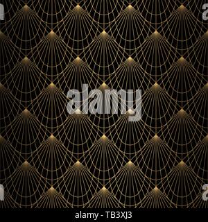 Art déco-Muster. Nahtlose schwarz und gold Hintergrund. Waagen oder Muscheln Ornament. Minimalistischer geometrischen Design. Vektor Linien. 1920-30 s Motiven. Luxus Stock Vektor