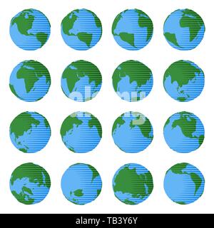 Einstellen der globe-Symbole mit verschiedenen Ländern und Ozeane, einfache flache Cartoon Stil als Konzept der Reisen Geographie Stock Vektor