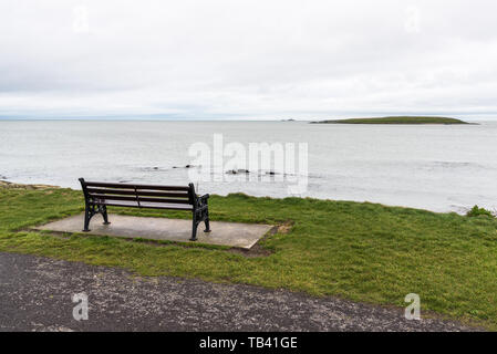 Leeren Bank in einem Coastal Park an einem regnerischen Wintertag. Konzept der Einsamkeit. Stockfoto