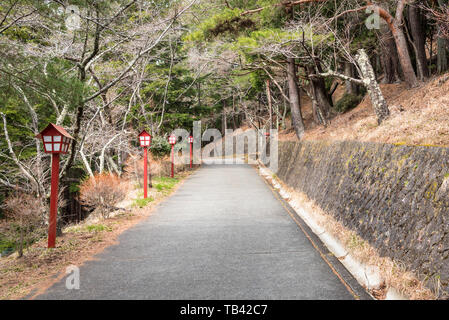 Gerader Strecke mit einem Berg Straße mit traditionellen japanischen Holzlaternen gefüttert Stockfoto