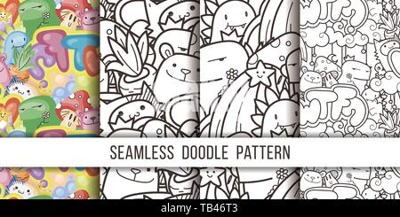 Sammlung von nahtlose Vektor Muster mit cute Cartoon Monster und Bestien. Schön für Verpackung, Geschenkpapier, Malvorlagen, Tapete, Stoff, f Stock Vektor