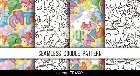 Sammlung von nahtlose Vektor Muster mit cute Cartoon Monster und Bestien. Schön für Verpackung, Geschenkpapier, Malvorlagen, Tapete, Stoff, f Stock Vektor
