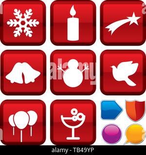 Vector Illustration. Satz von Weihnachten Symbole auf quadratische Tasten. Geometrischen Stil. Stock Vektor