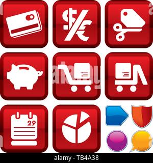 Vector Illustration. Satz von Commerce Icons auf quadratische Tasten. Geometrischen Stil. Stock Vektor