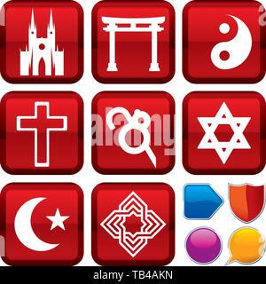 Vector Illustration. Einstellen der Religion Symbole auf quadratische Tasten. Geometrischen Stil. Stock Vektor