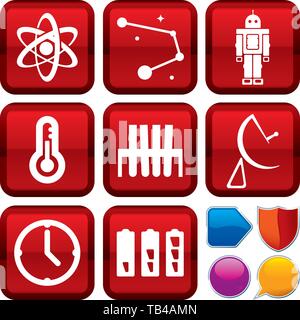 Vector Illustration. Einstellen der Wissenschaft Symbole auf quadratische Tasten. Geometrischen Stil. Stock Vektor