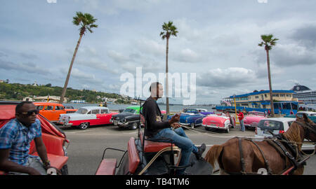 Havanna, Kuba - ein Pferd - Warenkorb gezeichnet wird eine Reihe von amerikanischen Autos auf der Avenida del Puerto in der Nähe von Havanna Hafen. Klassische amerikanische Autos aus den 50er Jahren, importieren Stockfoto