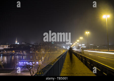 Belgrad, Serbien - Februar 27, 2015: Dunkle Formen von Menschen zu Fuß auf Brankov Most (Branko's Bridge) in der Nacht mit Belgrad (Skyline im backgroun Stockfoto