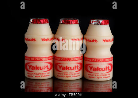 Yakult fermentierte Milch trinken auf schwarzem Hintergrund isoliert Stockfoto