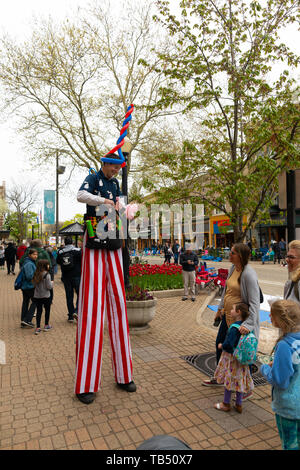 Holland, Michigan, USA - 11. Mai 2019: Street Performer unterhalten Einheimische und Touristen während der Tulip time Festival Stockfoto