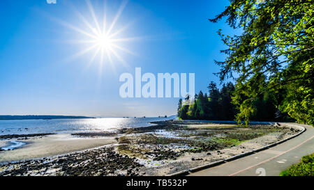 Sonnenuntergang über der Frachtschiffe in der English Bay und Burrard Bucht vor dem Hafen von Vancouver. Vom Stanley Park Seawall pathway in BC gesehen Stockfoto