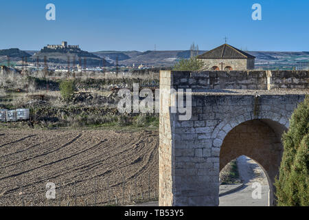 Rest der mittelalterlichen Stadtmauer des Dorfes Curiel de Duero mit der Burg auf der felsigen Hügel im Hintergrund in der Provinz Valladolid, Spanien. Stockfoto