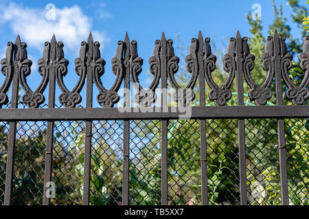 Black Metal Zaun, aus der Nähe. Schöne dekorative Gusseisen schmiedeeisen Zaun mit künstlerischen schmieden. Metall Schutzgeländer Stockfoto