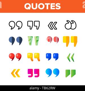 Anführungszeichen Anführungszeichen Vector Color Symbole gesetzt. Angebot, direkte Rede Marken lineare Symbole Pack. Schreiben von Satzzeichen. Stellungnahme Expre Stock Vektor