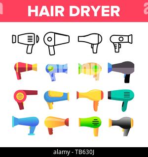 Föhn Gerät Vector Color Symbole gesetzt. Moderne und Retro Fön lineare Symbole Pack. Kosmetiksalon, Friseursalon Ausstattung. Hair Styling Stock Vektor
