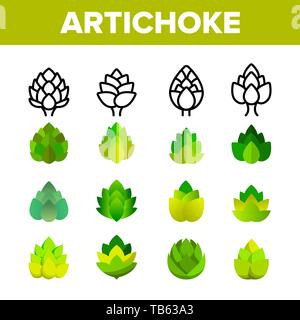 Artischocke, Gourmetküche Vector Linear Symbole gesetzt. Artischocken, gesunde vegetarische Ernährung Zutaten dünne Linie Piktogramme. Organic Food Restaurant Logo Stock Vektor