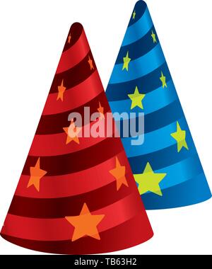 Vector Illustration. Zwei magische Hüte in Rot und Blau mit Bands und Stars. Stock Vektor