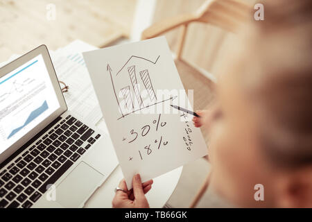 Business Strategie. Smart Business Frau Arbeiten mit Diagrammen mit ihren Handschriften und Ihren Laptop. Stockfoto