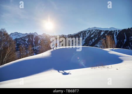 Man Skifahren auf frischen Pulverschnee im Wald, in den Bergen in der Nähe von Almaty, Kasachstan Stockfoto