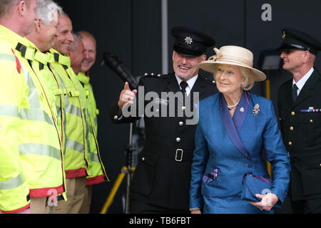 Lancaster GROSSBRITANNIEN. 29. Mai 2019. Prinzessin Alexandra Öffnen der Lancaster Gemeinschaft Feuer und Notaufnahme. ￼￼die Prinzessin hat starke Verbindungen mit der Stadt. Sie war Kanzler der Universität Lancaster von der Gründung im Jahre 1964 bis 2004 und war Ehrenmitglied der Lancaster in 1978 gegeben. Stockfoto