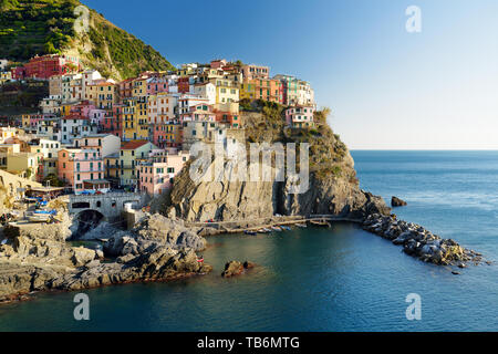 Manarola, auf einem hohen Felsen 70 Meter über dem Meeresspiegel erbaut, einem der schönsten und romantischsten der Cinque Terre, Ligurien, Norditalien. Stockfoto