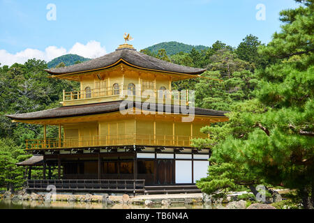 Kinkakuji (goldener Pavillon), der von Bäumen und japanische Landschaft umgeben, an einem klaren, sonnigen Sommertag in Kyoto, Japan. Stockfoto