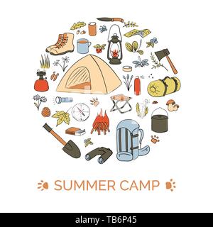 Camping Card Vorlage. Bubble Form. Sommer Camp. Wandern Symbole farbige Skizze Stil. Zentraler runder Kreis Abzeichen, Text, Stock Vektor